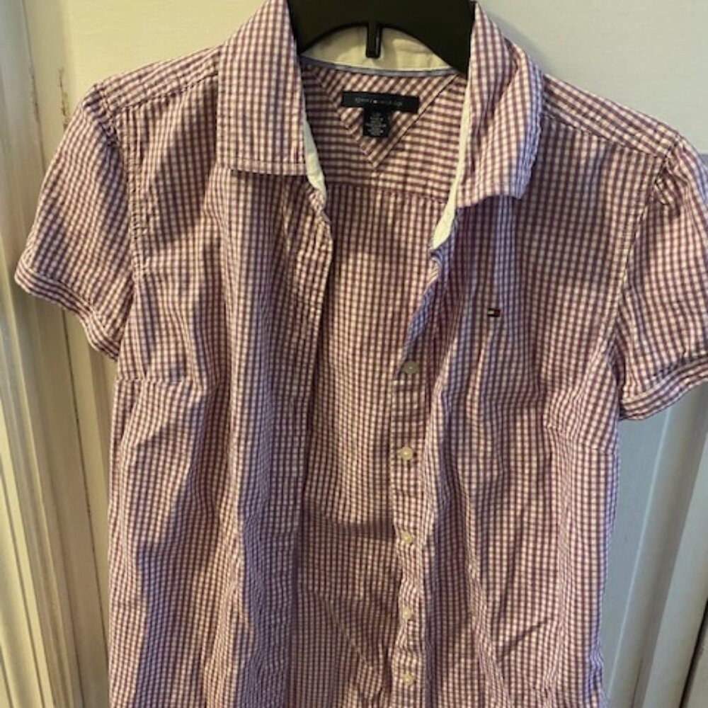 Tommy Hilfiger Ladies Short Sleeve Button Down Gingham Print Shirt Size S/P